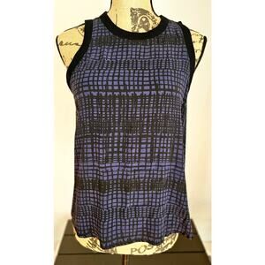 Michael Stars 100% Silk Sleeveless Blouse, Black Blue Geometric Top, Sx XS